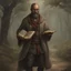 Placeholder: fantasy dnd scholar 40 year old male holding books wearing eye glasses thin body anoresix dirty from travelling the road