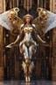 Placeholder: Photo Full body Lady Angel cyborg straddle wings, using traditional armor,detailed, intricate,gears cogs cables wires circuits, gold silver chrome copper,abstract background