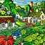 Placeholder: A green village with flowers designed in Bayeux tapestry painted by Roy Lichtenstein