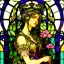 Placeholder: A big Art Nouveau stained-glass window in an Art Nouveau villa by artist "Alphonse Mucha"