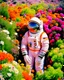 Placeholder: Portra 400 high dpi film scan of a NASA astronaut wearing a space suit on a planet made of flowers