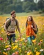 Placeholder: young sweet couple bagpacker adventurer fashion style happy walking and smiling in Realistic photography of a field of wildflowers, soft natural lighting, vibrant colors, intricate details,peaceful and serene atmosphere.