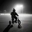 Placeholder: low res, low quality security cam with security cam digital artifacts and time stamp, high film grain, man dressed in a dirty torn full body turkey costume caught in security cam riding a small tricycle at night on a foggy night in an empty parking lot, found footage horror, low contrast, night vision, static hazy atmosphere