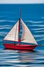 Placeholder: very small sail boat red ship with a white stripe the ship is 50 years old and far away out in the ocean bad quality the ship is so far that it is hard to see it has algee and holes