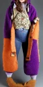 Placeholder: Brunette.thick thighs,thick calves,small belly,curvy fell. big head. Mantle is sewed of upcycled Denim and sewed together of camouflage pieces. Pieces' color are orange, cream and purple. It is with big bright purple felt tippet and cream-colored-hood. mantle is merged with satchel. . Big AKG-style headphones (gold rings!) is merged with small felt cap with small visor. Style: Haute Couture in 1920's, N.Y.C fashion in 1996, inspired by street art. Cream latex gaiter. Her head and rest body visib