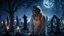 Placeholder: High-resolution, ultra-realistic, 4K cinematic image of a dimly lit villager cemetery at 3am. A blonde very sad woman dressed in white canvas vintage Nightgown. With an expression of pain, closed eyes, crying, surrounded by tombstones and some dark tree and candle, dark blue night with stars.