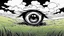 Placeholder: floating eye, anime, monochrome, black background, ink, simple, maximum quality, broken hinge, barely functioning, centered on frame, far view, in the middle of a grassy hill, white sky with cumulonimbus