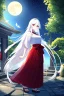 Placeholder: girl, masterpiece, best quality, cinematic lighting, detailed outfit, vibrant colors, perfect eyes, white hair, very long hair, braided ponytail, red eyes, hakama, shrine, moon, starry sky, plants, stone walkway, lamppost, butterflies,