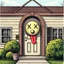 Placeholder: door bell on a suburban house fron t door that has X's for eyes and a tongue hanging out, concept art,