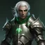 Placeholder: Please create an image for a young elven male with light brown skin, silver hair, and green eyes. He is wearing leather armor and is accompanied by a metallic robot