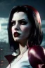 Placeholder: vampire, portrait from waist up, pale skin, latex and leather attire, crimson eyes, intricate eyeliner, vibrant eyeshadow, clear completion, soft lighting, 4k resolution, intricate details, insanely detailed, colorful cityscape background, masterpiece, expert, cinematic smooth, retroanime style, realistic details, no helmet
