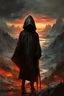 Placeholder: A formidable warrior-a 10-year-old boy in a black robe with a hood, on the background Amazing gloomy landscape, flooded with sunset, mountains, trees, fabulous scary hero, , juicy emotions, painting, dark fantasy, bad weather, gloomy day, dark world, by Raymond Swanland & Alyssa Monks & Anna Razumovskaya