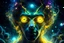 Placeholder: cosmic environment, Penn Badgley, ((yellow glowy eyes)), biomechanical, eerie, creepy, nightmarish, very bright colors, light particles, bioluminescence, Mschiffer, wallpaper art, UHD wallpaper