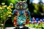 Placeholder: Coloured glass owl set with gemstones, glittering metal and gemstone parts in garden sharp focus elegant extremely detailed intricate very attractive beautiful dynamic lighting fantastic view crisp quality exquisite detail in the sunshine gems and jewels