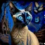 Placeholder: Starry night and Siamese cat, digital painting, fantasy, illustration, hyperdetailed, high definition, crisp quality, horror, dark, surreal, Weird, Tim Burton, creepy, Graphic novel, maximalist, Dr. Seuss, haunting, bizarre, frightening, Terry Gilliam, vintage, illustration