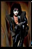 Placeholder: text 'KISS' - head and shoulders portrait, KISS 20-year-old Paul Stanley, black spandex and leather, 8-inch high platform boots, - a multicolored cement wall in the background,