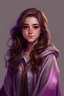 Placeholder: A pretty girl with brown hair and purple eyes and she is wearing a gray Hogwarts robe