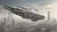 Placeholder: a photorealistic sleek silver spaceship flying over a futuristic ruined city