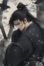 Placeholder: A Young Man who is a Samurai, he has scars, cuts, and marks on his body. His body looks war torn, and he is missing his left arm from his shoulder. He has long black hair and has a stuble for facial hair.