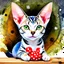 Placeholder: Create an alcohol ink montage portrait of a green eyed, blue and white, with white face and paws, mackeral tabby Oriental shorthair cat with a red polka dotted toy mouse.. Fractal splatter. Earthy tones.