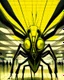 Placeholder: Distorted large yellow insectoid alien black eyes, in a mall, sci-fi art, graphic design, digital illustrated scene, alien art, high strangeness, absurdist, cartoonists