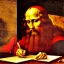 Placeholder: leonardo da vinci works on laptop at his desk. painting in photoshop. hyperdetailed, warm colors, movie poster, oil on canvas,