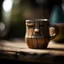 Placeholder: a wooden mug come to life with a big frown blurred background