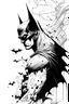 Placeholder: llustration en noir et blanc avec des lignes fines comme dessiner un stylo à encre dans un style de tatouage d'un Batman effrayant sur fond blanc comme une bande dessinnee en 10 images