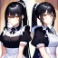 Placeholder: Clear focus, 8k, beautiful lighting, vibrant colors, girl, black hair, long hair, vibrant golden eyes, ponytail, same twins, black hair, golden eyes, same clothes, maid,