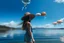 Placeholder: woman standing next to a lake, flying mushrooms with jellyfish tenacles in a blue sky