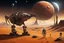 Placeholder: Dune Aesthetic, sci fi dramatic scene, a colossal Spice resource harvester bot with one drill arm and one pincher arm surveys a rocky alien desert planet surveying for mineral resources, grand, expansive, intricate detail, by Brian Despain and Anton Semenov, detailed full color photography, comet streaking, ringed planets in distance