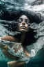 Placeholder: a beautiful woman, long curly black hair,closed eyes,coming from beneath the water,braking the surface with her face just coming out the water,looking up symbolism for breaking free. realistic,8k quality, action close shot from areal view,highly detailed , chaos 80