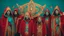 Placeholder: Five people with an average age of 30-40, wearing red and gold hooded cloaks with intricate designs, tribal markings face paint and a third eye symbol on their foreheads, standing in front of a teal background