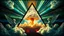 Placeholder: a nuclear explosion cloud(middle) framed from behind by a triangle of stained glass surrounded by radiant lines from the center, the wind and smoke from the explosion forming shapes of dancing women with small angel wings(left and right foreground) like cherubs in the clouds, religiose art