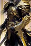 Placeholder: a person with a sword in their hand, very beautiful cyberpunk samurai, shirow masamune, black and golden armor, anime fantasy artwork, bio - mechanical ninja samurai, cyberpunk samurai, masamune, intricate assasin mecha armor, demon samurai warrior, light gold armor, ghostblade, lacquered armor, black and gold armor, demon samurai