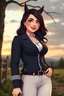 Placeholder: In a realistic, non-anime, vintage cartoon style: Bust shot of 35-year old, bit chubby Scandinavian dark-haired mansion owner lady with green eyes, wearing equestrian attire with tight white pants and black or blue jacket and a riding crop, posing standing in Bavarian countryside in sunrise.