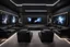 Placeholder: a black themed dedicated home cinema room with LED ambient lighting in the walls make sure the room is completely symmetrical