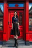 Placeholder: Photorealistic image of a young woman with dark hair, in a black ankle length skirt, boots and shirt, standing outside an old magic shop front with large red painted multi-paned picture windows on either side of a multi-paned doorway.