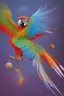 Placeholder: Macaw is flying in the space and is holding the earth in his claws. Surrealism.