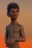 Placeholder: 3D render of a cyberpunk tribal young black man, black afro hair, ragged shirt, on a orange dune background, digital art