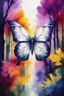 Placeholder: A beautiful colorful white butterfly in dark red and purple and yellow trees and dark green and dark blue colors only, thin lines draw style , Busch painting style nightmare with sunshine in the middle, watercolors splash