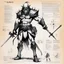 Placeholder: character concept sheet with AD&D statistics and characteristics, [illustration by Ralph Steadman] The Bloodreaver character class, power of blood that creates lights and smoky magic around, plus brutal strike