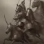 Placeholder: Medieval cavalry galloping. Warriors. Leather armor. Black. Sharp details. Roar.