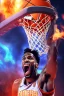 Placeholder: 8k, highly realistic and detailed image of a NBA basketball player in action dunking the ball in the net, sweaty hair, screaming look,action and smoke and flames background