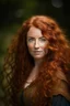 Placeholder: portrait of a beautiful 30 year old highlander woman with long reddish curly hair, curvy body, earthbound, warm-hearted, leader, goddess-like