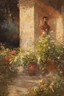 Placeholder: Night, vegetations, flowers, one woman, house, distant buildings, julius rose, and thomas hill paintings