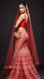 Placeholder: A stunningly elegant Indian bride, with a tall, slim, and athletic figure, adorned in intricate bridal makeup, complete with extremely long hair cascading down her back. She stands in a dynamic pose, showcasing a designer bridal lehenga. This captivating portrait captures the bride's radiant beauty and grace, highlighting every exquisite detail in high quality.