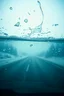 Placeholder: surreal road underwater seen through a dirty truck front window, dirty blue snow and wind
