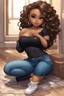 Placeholder: Create a furturism magna art of a black chibi curvy female sitting on the floor looking at her cell phone. She is wearing tight blue jeans and a black off the shoulder blouse. Prominent make up with lush lashes. Highly detailed wavy ombre blonde and brown long hair. She is also wearing silver large hoop earringsart of a black chibi curvy female sitting on the floor looking at her cell phone. She is wearing tight blue jeans and a black off the shoulder blouse. Prominent make up with lush lashes.