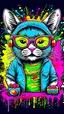 Placeholder: vector t-shirt art ready to print colourful graffiti illustration of an cat,playing cards, wearing sunglass, full body,action shot, vibrant color, hip hop, high detail